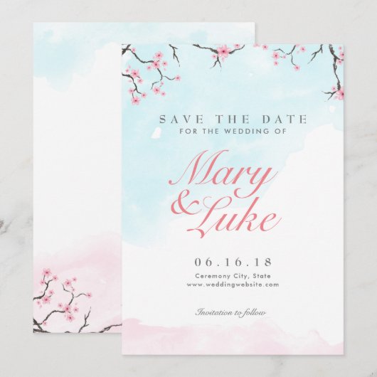 Weddenschappen De datum opslaan | Waterverf Cherry Save The Date (Voorkant / Achterkant)