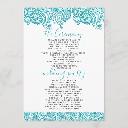 Weddenschappen met turquoise-blue paisley lace programmakaart (Achterkant)