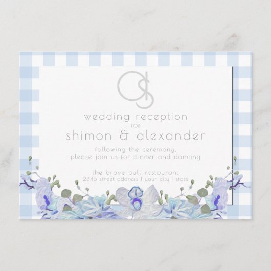 Weddenschappen | Monogram Blue Gingham Informatiekaartje (Voorkant)