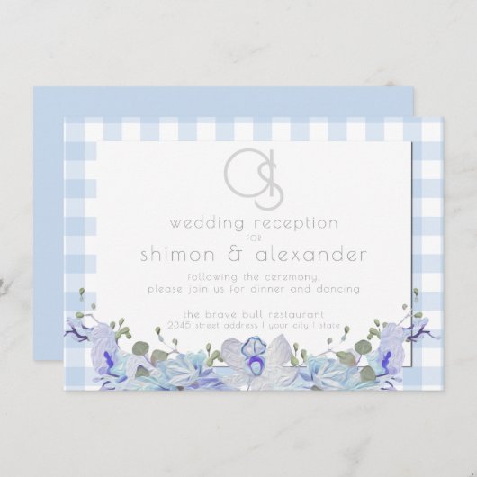 Weddenschappen | Monogram Blue Gingham Informatiekaartje (Voorkant / Achterkant)