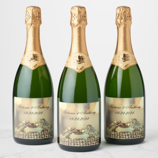 Weddenschappen Ontvangen Naam Datum Gold Script Sparkling Wijnetiket (Flessen)
