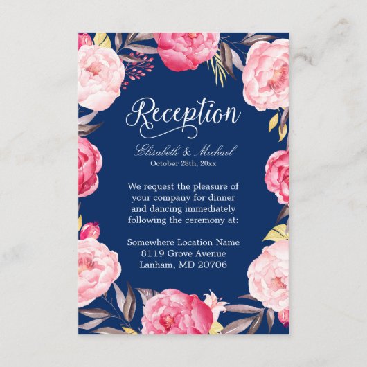 Weddenschappen Ontvangst Roze Floral Wreaty Navy B Informatiekaartje (Voorkant)