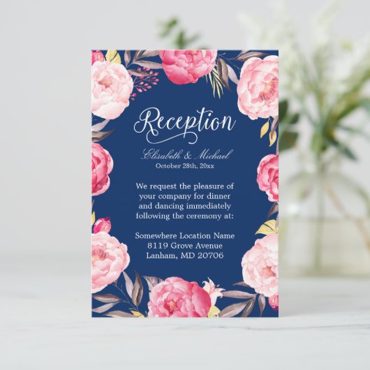 Weddenschappen Ontvangst Roze Floral Wreaty Navy B Informatiekaartje (Staand voorkant)