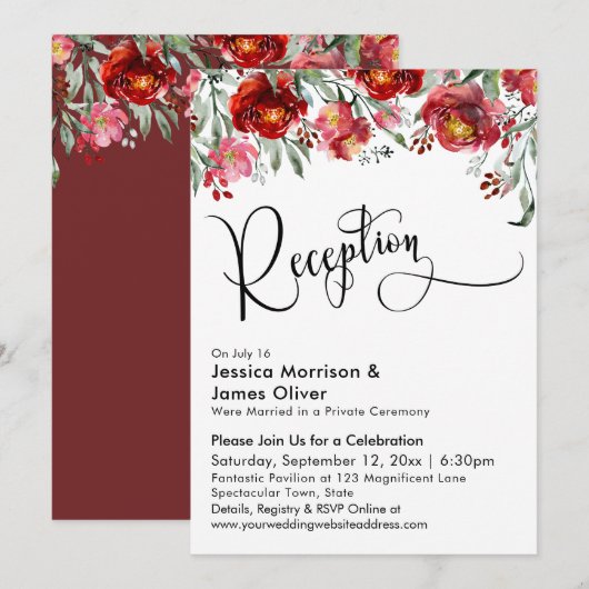 Weddenschappen Receptie Typografie Burgundy Red Fl Kaart (Voorkant / Achterkant)