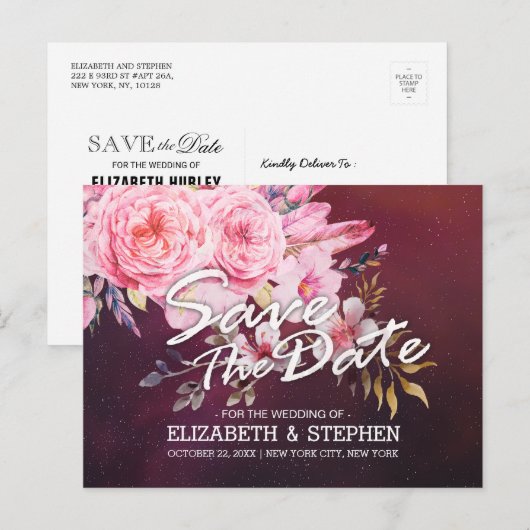 Weddenschappen redden de datum waarop Floral Feath Aankondigingskaart (Voorkant / Achterkant)