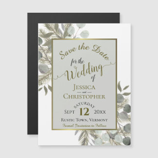 Weddenschappen Save the Date Gold Pine & Greenery  Magnetische Uitnodiging
