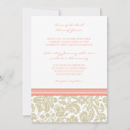 Weddenschappen Taupe Coral Damask Pattern Kaart (Achterkant)