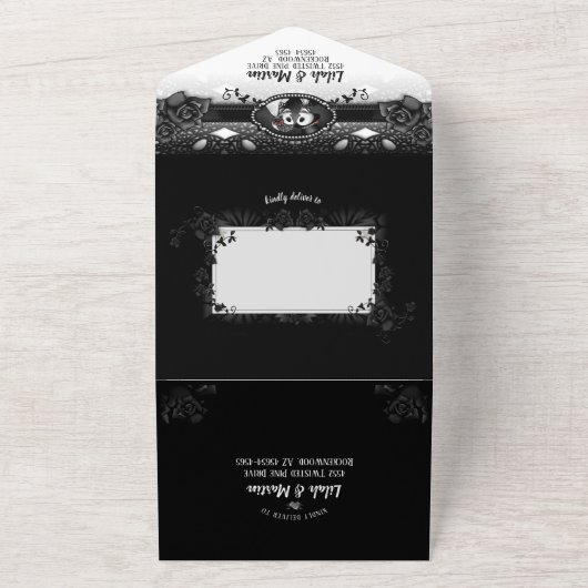 Weddenschappen Zwart en Rood Rose Elegant All In One Uitnodiging (Buitenkant)