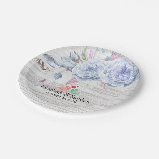 Weddenschapper Boho Flowers & Feathers Rustic Wood Papieren Bordje (Gekanteld)