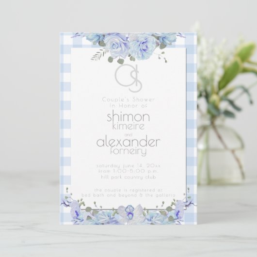 Weddenschapper | Monogram, gekleurd Floral Blue Kaart (Staand voorkant)