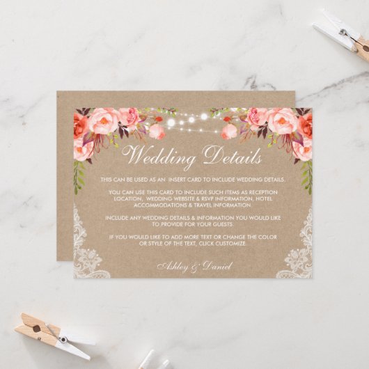 Weddenschapsduur Koraal met details Kraft Insert Kaart (Voorkant / Achterkant in situ)