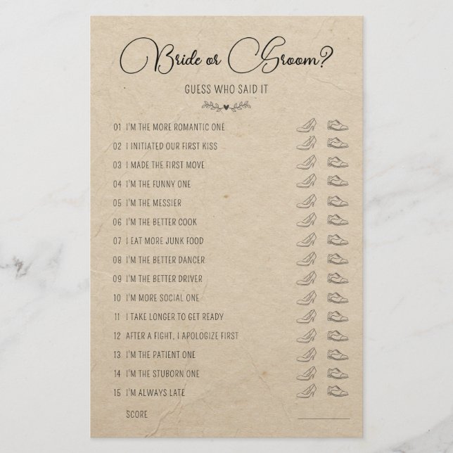 Weddenschapsgame Bride of Groom Rustic Paper (Voorkant)