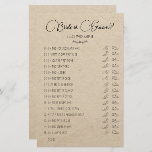 Weddenschapsgame Bride of Groom Rustic Paper (Voorkant / Achterkant)