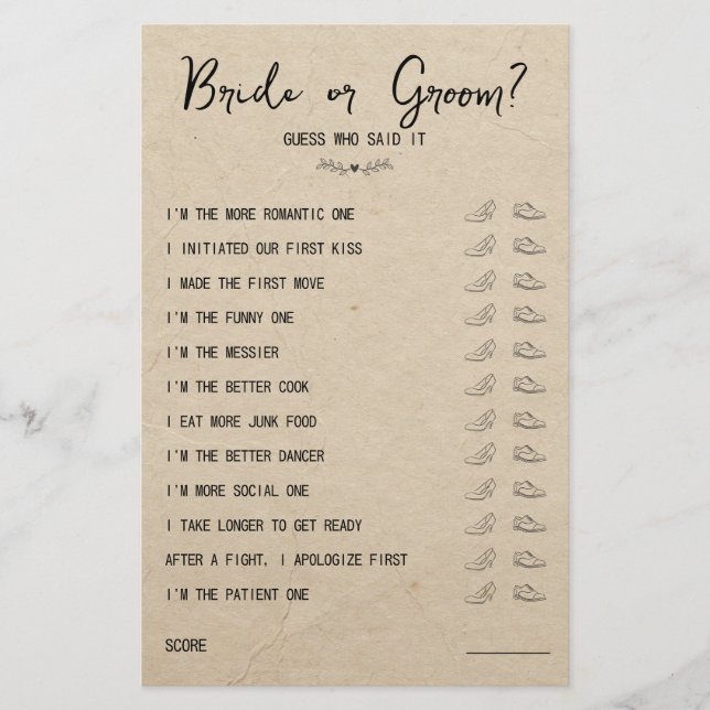 Weddenschapsgame Bride of Groom Rustic Paper (Voorkant)