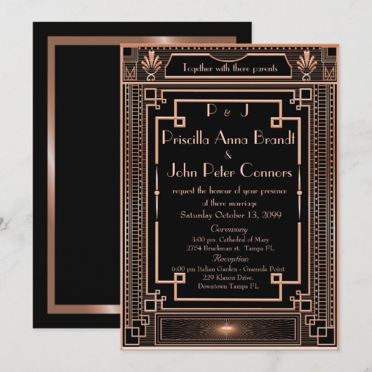 Weddenschapskaart, Art Deco, zwart, roze goud Kaart (Voorkant / Achterkant)