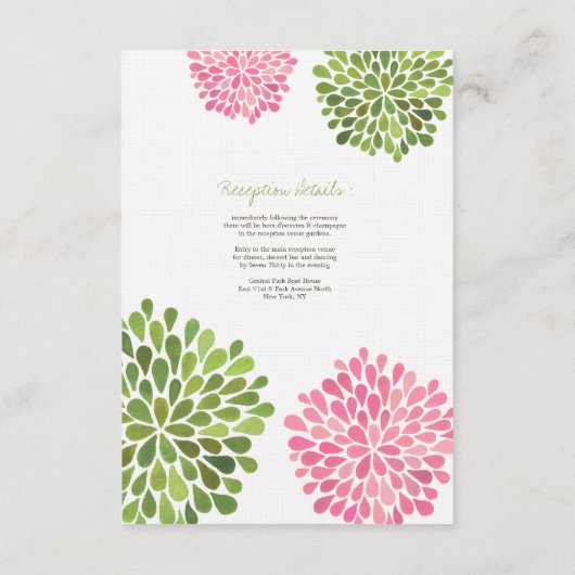 Weddenschapskaart Roze en Groene Bloomen Informatiekaartje (Achterkant)