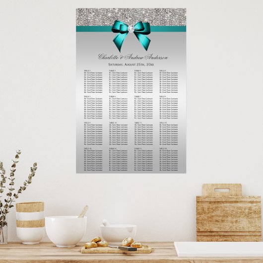 Weddenschapskaart Silver Sequin Deep Blauwgroen Bo Poster (Keuken)