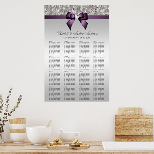 Weddenschapskaart Silver Sequin Paarse Bow Poster (Keuken)