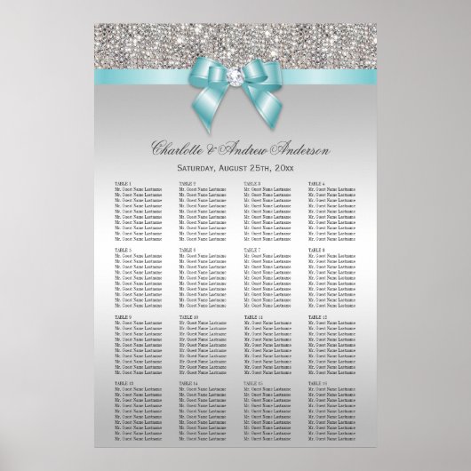 Weddenschapskaart Zilver Sequin Blauwgroen Bow Poster (Voorkant)