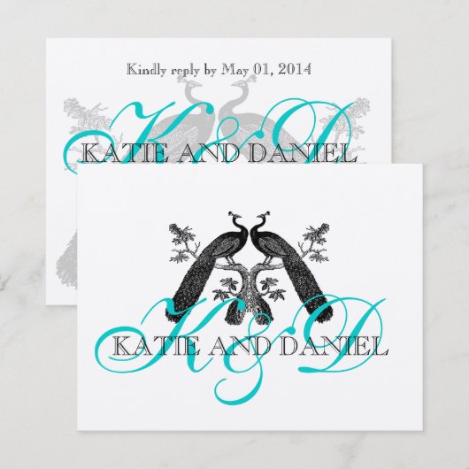 Weddenschapskaarten Peacocks Monogram Silver RSVP Kaartje (Voorkant / Achterkant)