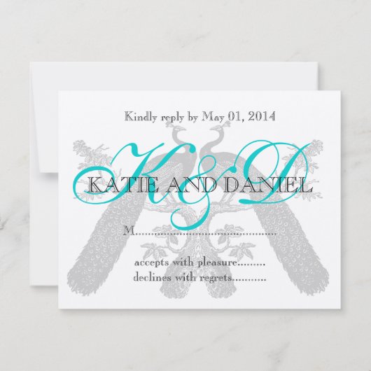 Weddenschapskaarten Peacocks Monogram Silver RSVP Kaartje (Achterkant)