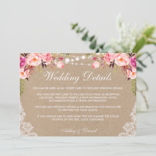 Weddenschapslampjes met roze details Kraft Insert Kaart (Staand voorkant)