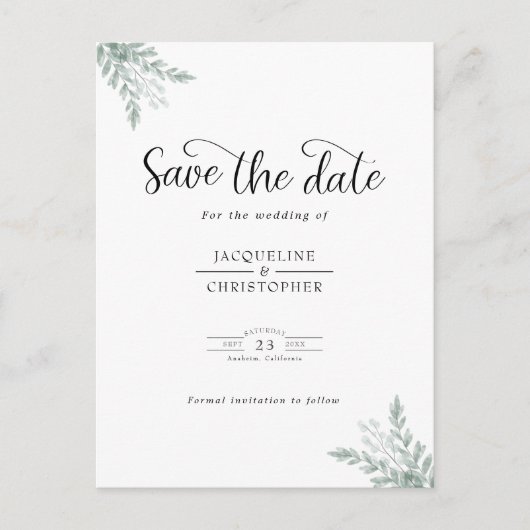 Weddenschapsmonogram Eucalyptus Save the Date Aankondigingskaart (Voorkant)