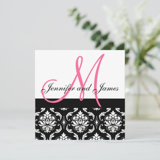 Weddenschapsmonogram Names Hot Pink Damask Kaart (Staand voorkant)