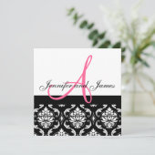 Weddenschapsmonogram Names Hot Pink Damask Kaart (Staand voorkant)