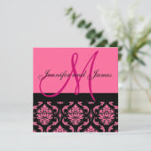 Weddenschapsmonogram Names Hot Pink Damask Kaart (Staand voorkant)