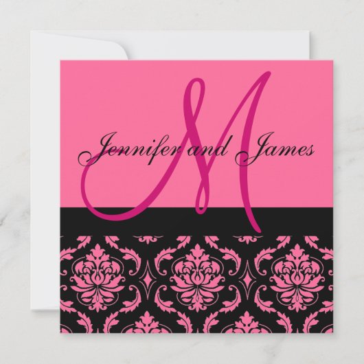 Weddenschapsmonogram Names Hot Pink Damask Kaart (Voorkant)