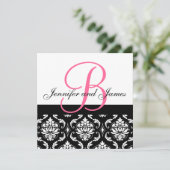 Weddenschapsmonogram Names Hot Pink Damask Kaart (Staand voorkant)