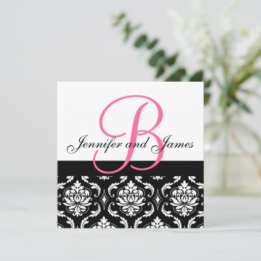 Weddenschapsmonogram Names Hot Pink Damask Kaart (Staand voorkant)