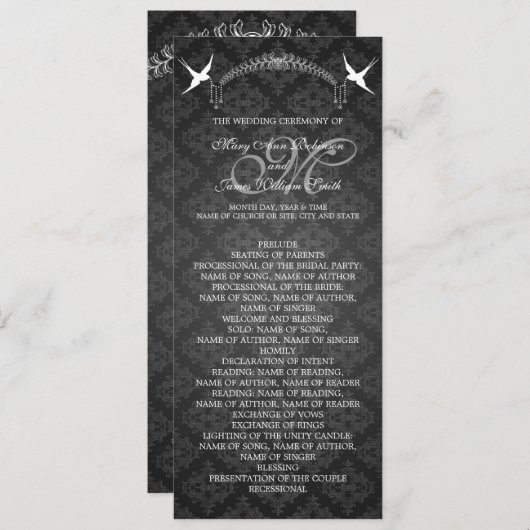 Weddenschapsprogramma Birds Monogram Black Programmakaart (Voorkant / Achterkant)