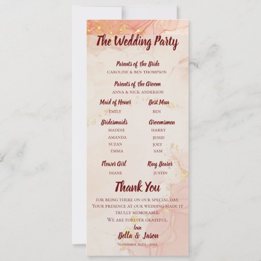 Weddenschapsprogramma Peach Gold Marble Party Kaart (Achterkant)