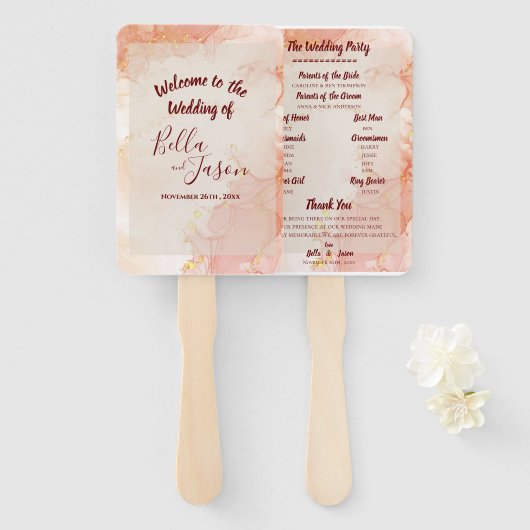 Weddenschapsprogramma Peach Gold Oranje marmer Par Handwaaier (Voorkant en achterkant)