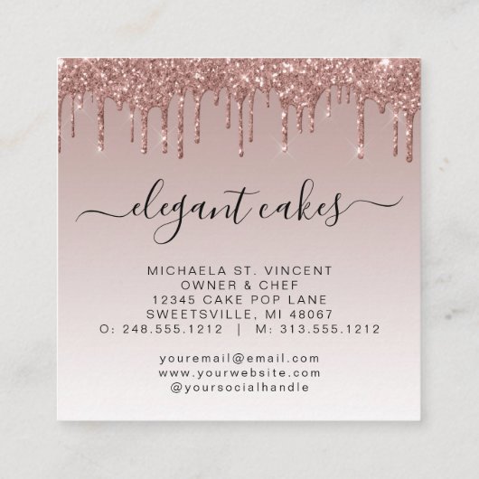 Weddenskap Glitter Drip Roos Gold Bakery Vierkante Visitekaartje (Achterkant)