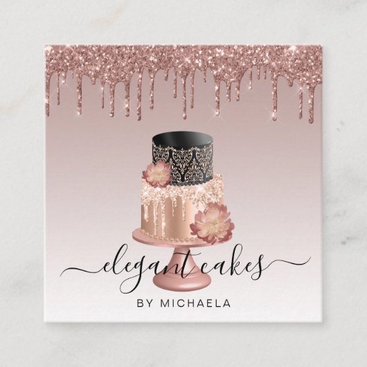 Weddenskap Glitter Drip Roos Gold Bakery Vierkante Visitekaartje (Voorkant)