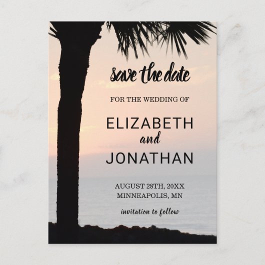 Weddensoonset met palmboom Silhouette Beach Scene Aankondigingskaart (Voorkant)