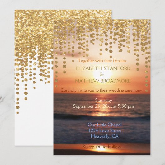 Weddensuitnodiging | Beach Sunset Glitter Kaart (Voorkant / Achterkant)