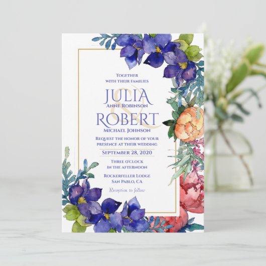 Weddensuitnodiging | Geluk Waterverf Floral Kaart (Staand voorkant)