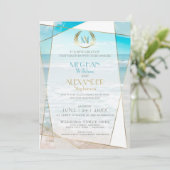 Weddensuitnodiging | Modern monogram strand Kaart (Staand voorkant)