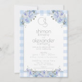 Weddensuitnodiging | Monogram Blue Gingham Floral Kaart (Voorkant)