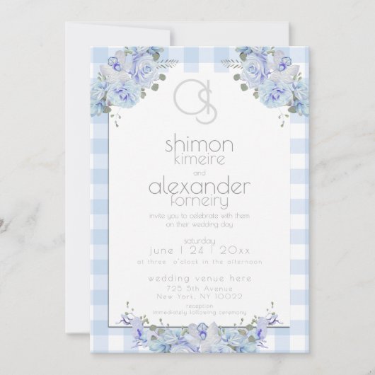 Weddensuitnodiging | Monogram Blue Gingham Floral Kaart (Voorkant)