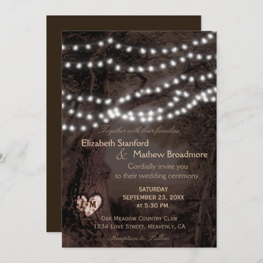 Weddensuitnodiging | Monogram String Lights Kaart (Voorkant / Achterkant)