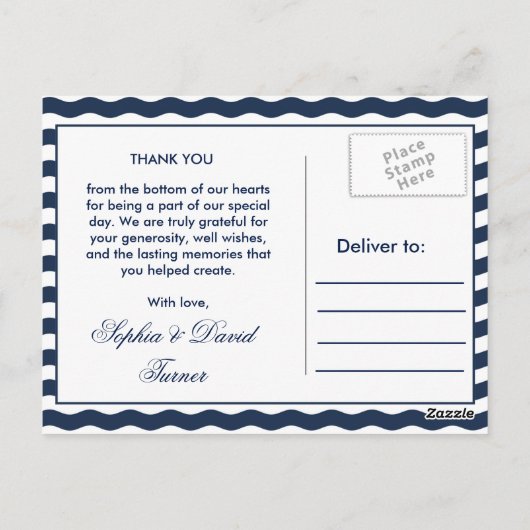 Weddensuitnodiging | Nautical Navy Waves Dank u Briefkaart (Achterkant)