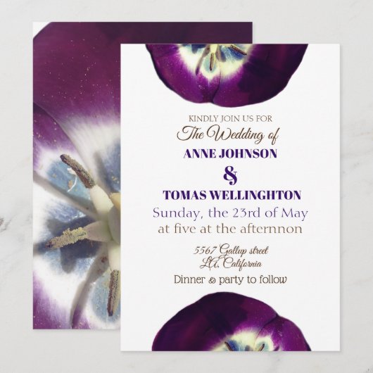 Weddensuitnodiging, Paarse Tulips foto Kaart (Voorkant / Achterkant)