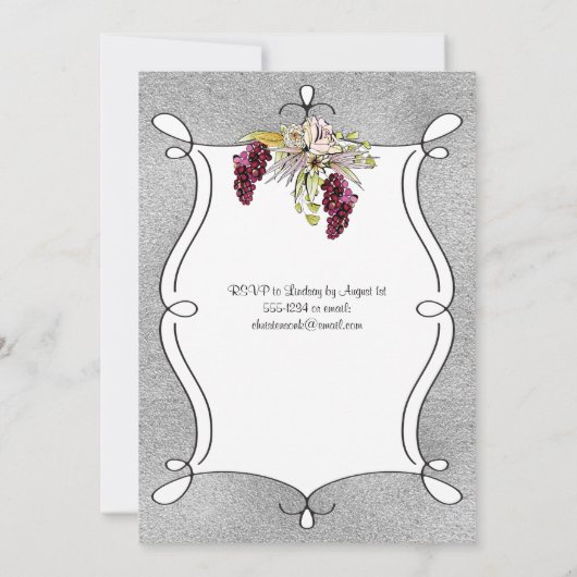 Weddensuitnodiging | Plum, FAUX Silver Foil Floral Kaart (Achterkant)