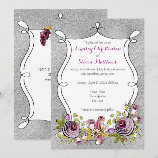 Weddensuitnodiging | Plum, FAUX Silver Foil Floral Kaart (Voorkant / Achterkant)