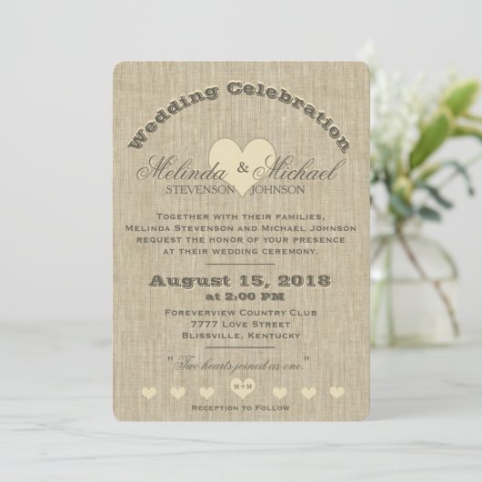 Weddensuitnodiging | Rustic Linen Monogram Kaart (Staand voorkant)